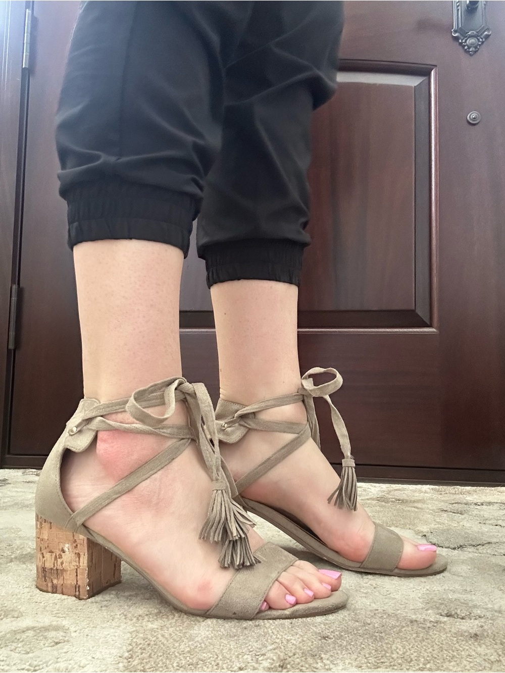 Indigo Taupe Suede Lace-Up Block Heel Sandals